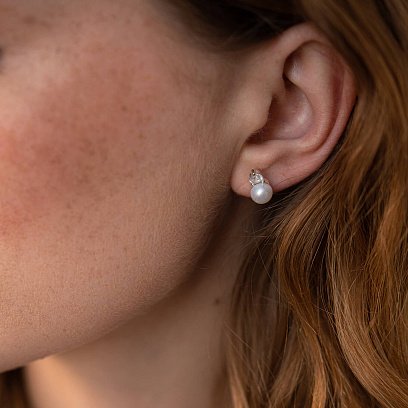 Срібні сережки - пусети з перлами і фіанітами 123234 №7