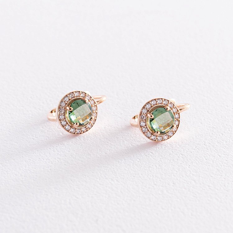Золоті сережки з зеленими і білими фіанітами с07464 від ювелірного магазину Онікс - 3