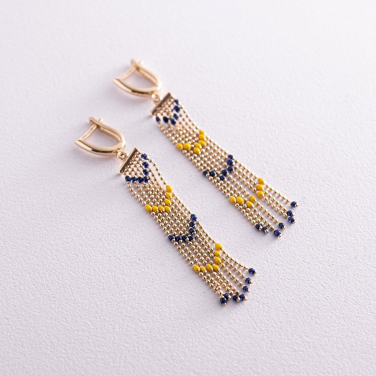 Патриотические серьги с цепочками в желтом золоте (синяя и желтая эмаль) с08052 от ювелирного магазина Оникс