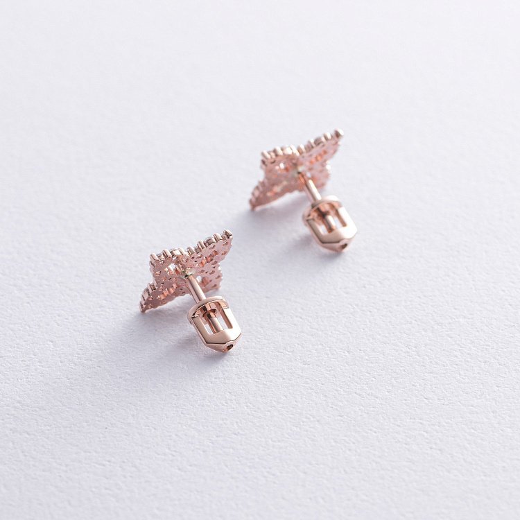 Серьги - пусеты "Клевер" с фианитами (красное золото) с08620 от ювелирного магазина Оникс - 4