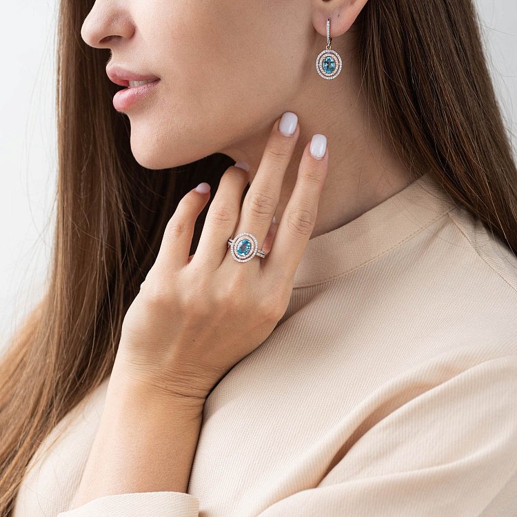 Золотые серьги с голубым топазом и фианитами с04187 от ювелирного магазина Оникс - 1