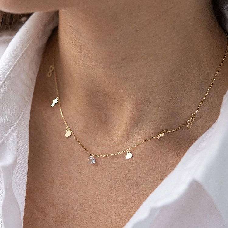 Колье "Верь надейся люби" с фианитом в желтом золоте кол01823 от ювелирного магазина Оникс - 1