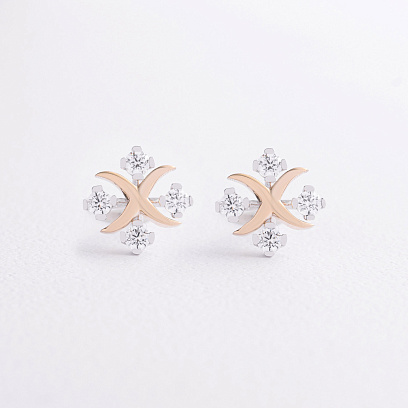 Серьги - пусеты "Клевер" с фианитами (белое, желтое золото) с09552