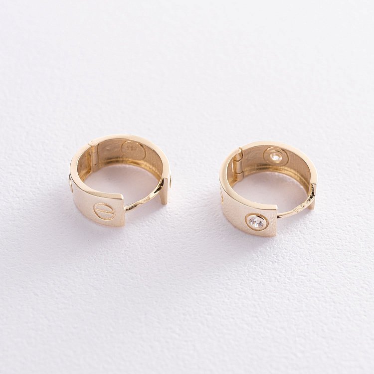 Сережки - кільця "Love" в жовтому золоті (фіаніти) с07214 від ювелірного магазину Онікс - 4