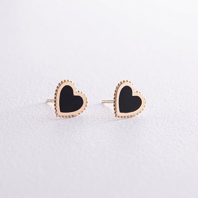 Сережки - пусети "Сердечки" у жовтому золоті (емаль) с08068