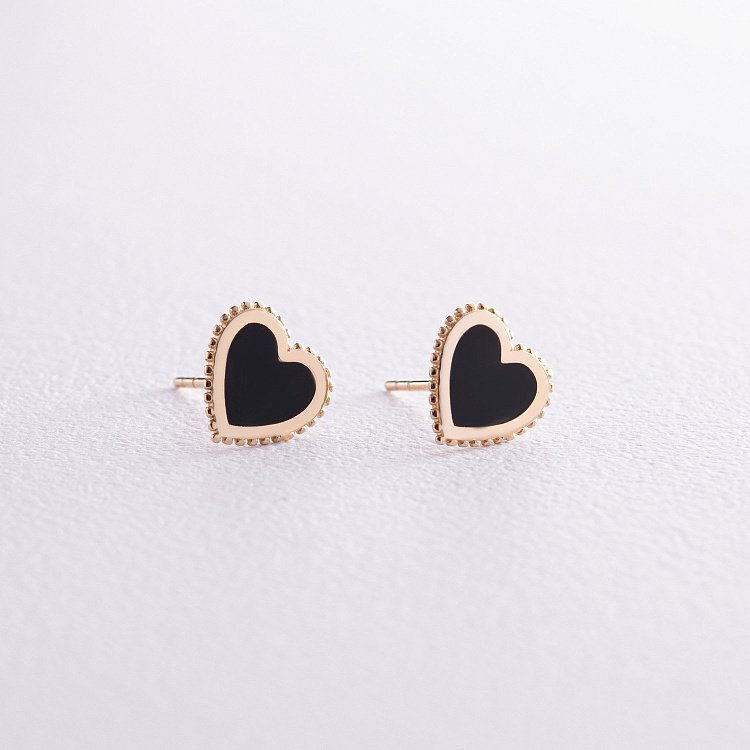 Сережки - пусети "Сердечки" у жовтому золоті (емаль) с08068 від ювелірного магазину Онікс