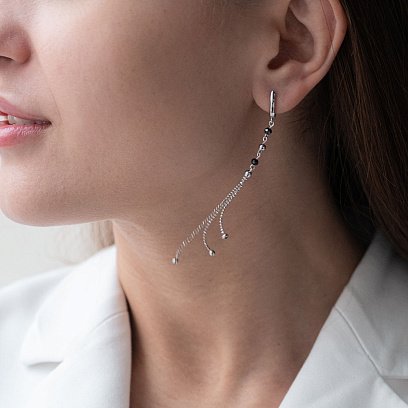 Золотые серьги "Шарики" с черными фианитами с07210 №5