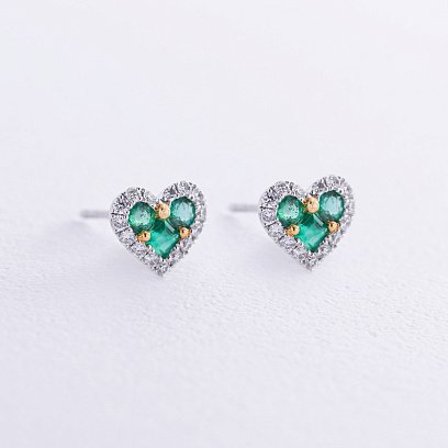 Золотые серьги - пусеты "Сердечки" с изумрудами и бриллиантами сб0522cha