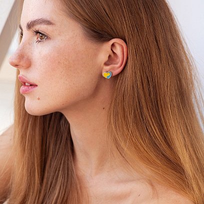 Сережки - пусети "Українське серце" у сріблі (блакитна та жовта емаль) 1018 №2