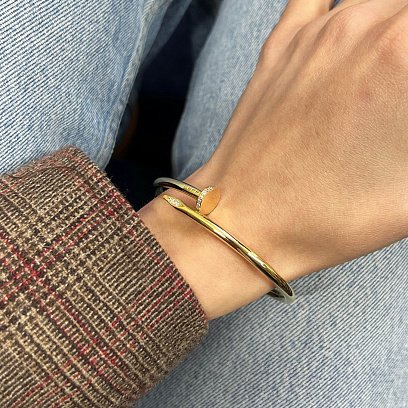 Жесткий браслет "Гвоздь" с фианитами (желтое золото) б04653 №2