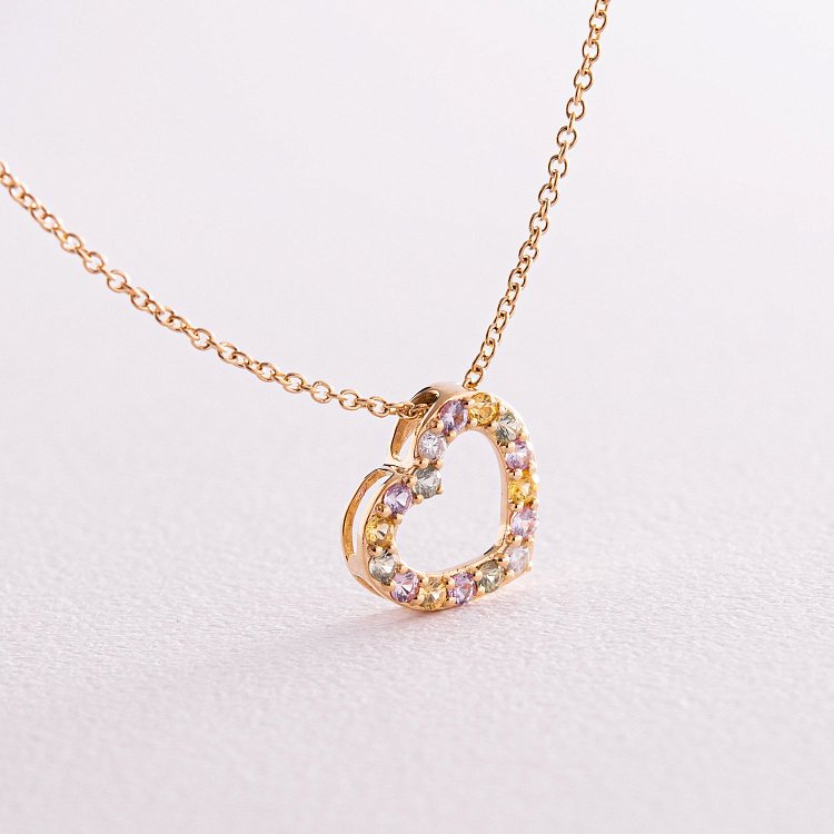 Золоте кольє "Сердечко" з діамантами та сапфірами колб0092ca від ювелірного магазину Онікс