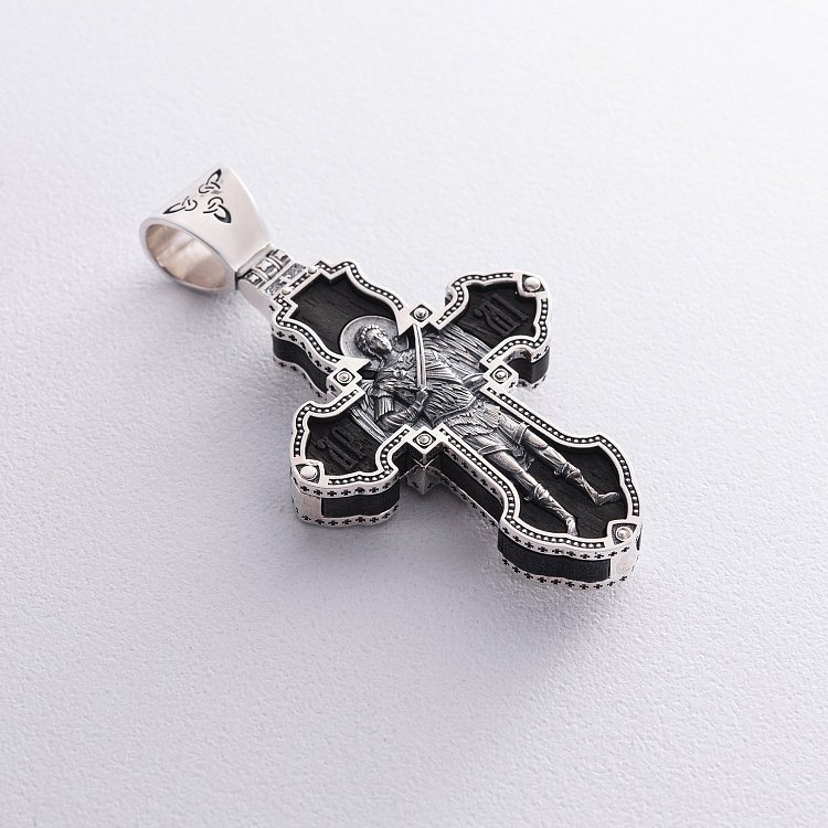 Серебряный крест "Распятие. Архангел Михаил" с эбеновым деревом 943 от ювелирного магазина Оникс - 9