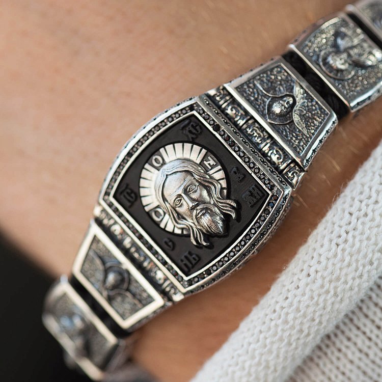 Серебряный браслет "Господь Вседержитель. Лики Святых" (эбеновое дерево, фианит) 944 от ювелирного магазина Оникс - 3