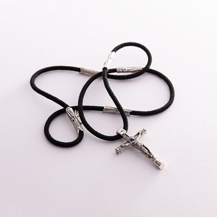 Православный серебряный крест "Распятие. Спаси и Сохрани" на шнурке 847 от ювелирного магазина Оникс