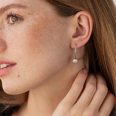 Сережки в білому золоті (культ. прісн. перли, фіаніти) с02834 №3