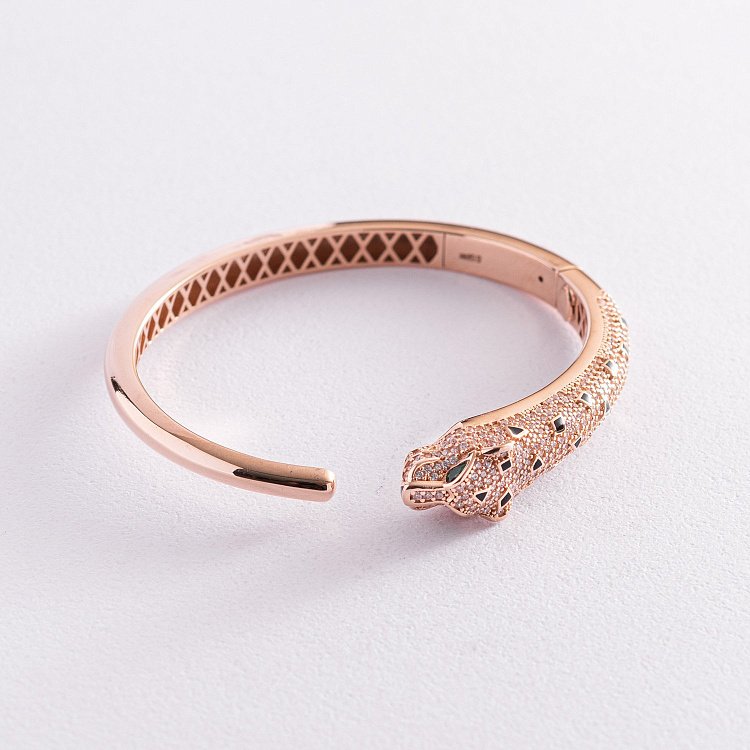 Жесткий золотой браслет "Пантера" (фианиты, эмаль) б04977 от ювелирного магазина Оникс