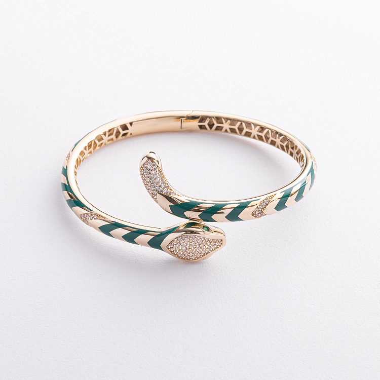 Жесткий браслет "Змея" в желтом золоте (фианиты, эмаль) б05170 от ювелирного магазина Оникс - 2