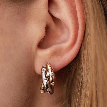 Сережки у трьох кольорах золота з фіанітами с07044 №4