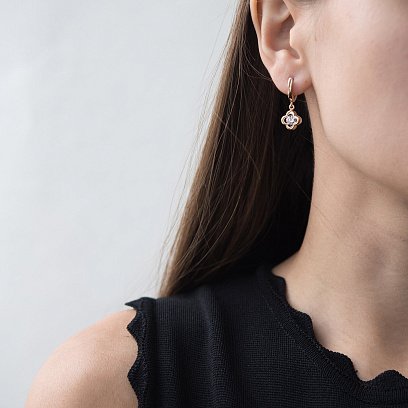 Золотые серьги "Клевер" с фианитом с04860 №2