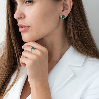 Серебряное кольцо "Клевер" (малахит) 112562 №7