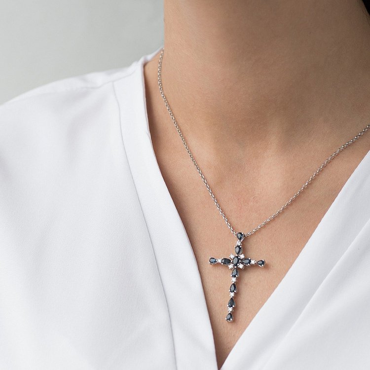 Золотий хрестик (діамант, сапфір) пб0198са від ювелірного магазину Онікс - 1