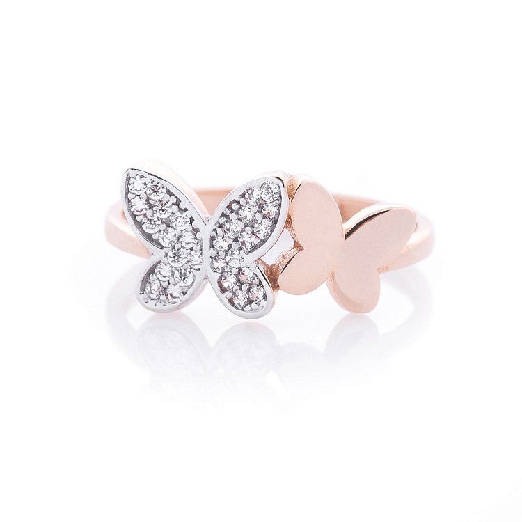 Золотий перстень з метеликами (фіаніт) к06285 від ювелірного магазину Онікс - 1