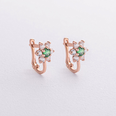 Дитячі золоті сережки "Квіточки" з фіанітами зеленими фіанітами с03612