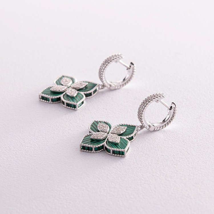 Срібні сережки "Конюшина" (синт. малахіт, фіаніти) 123254 від ювелірного магазину Онікс - 1