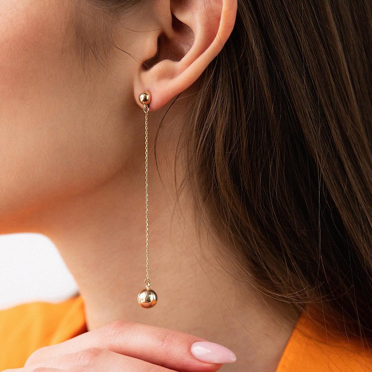 Сережки - пусети "Margo" з кульками на ланцюжку (жовте золото) с08240 від ювелірного магазину Онікс - 5