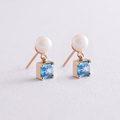 Золоті сережки - пусети "Альма" (блакитні фіаніти, перли) с08253 №5