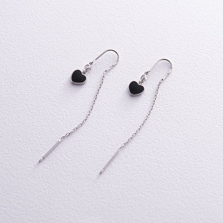 Срібні сережки - протяжки "Сердечки" (емаль, фіаніти) 123287 - 3 Срібні сережки - протяжки "Сердечки" (емаль, фіаніти) 123287 від ювелірного магазину Онікс - 3