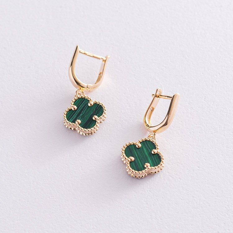 Золоті сережки "Конюшина" з малахітом с05485 від ювелірного магазину Онікс - 3