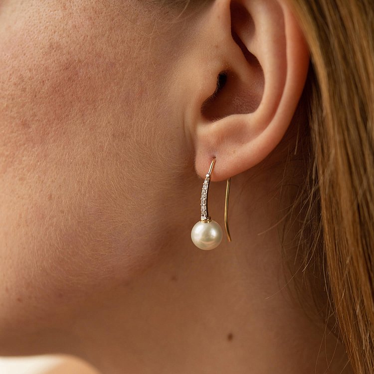 Золотые серьги - петельки "Оливия" с жемчугом и фианитами с08516 от ювелирного магазина Оникс - 3