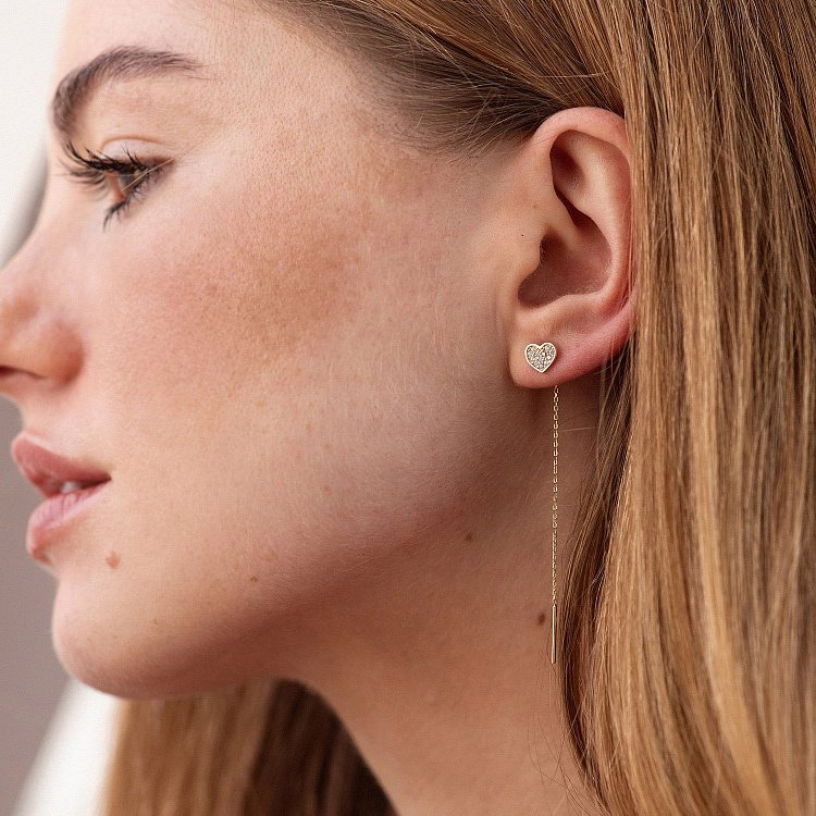 Сережки - протяжки "Сердечки" у жовтому золоті (фіаніти) с08069 від ювелірного магазину Онікс - 3