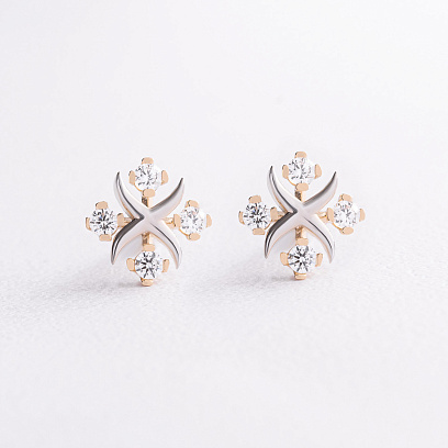 Серьги - пусеты "Клевер" с фианитами (желтое, белое золото) с09714