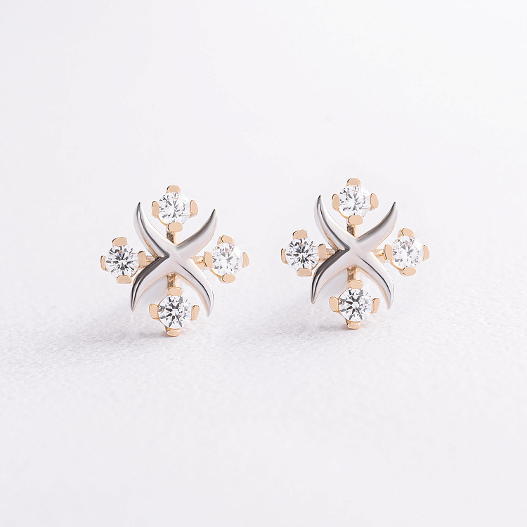 Серьги - пусеты "Клевер" с фианитами (желтое, белое золото) с09714 от ювелирного магазина Оникс