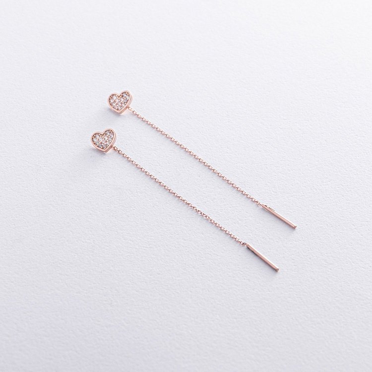Сережки - протяжки "Сердечки" у червоному золоті (фіаніти) с08063 від ювелірного магазину Онікс