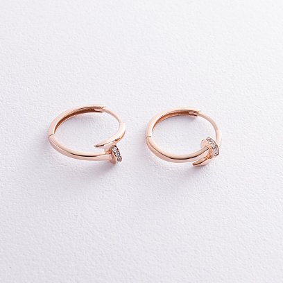 Сережки - кільця "Цвях" у червоному золоті (фіаніти) с08344 №5