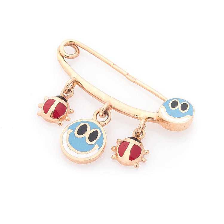 Золотая булавка "Смайлики и божьи коровки" (эмаль) зак00093сб от ювелирного магазина Оникс