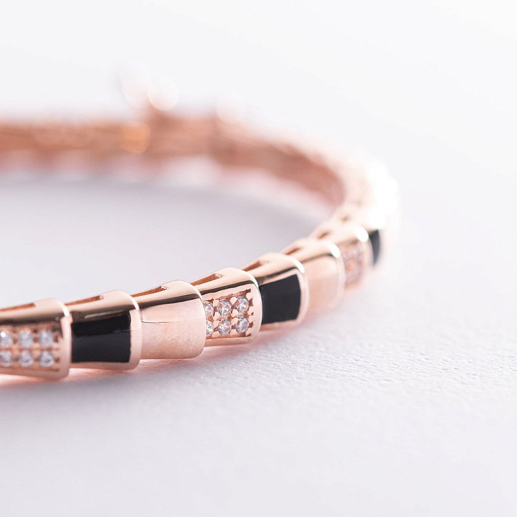 Жорсткий браслет в червоному золоті (фіаніт, емаль) б04511 від ювелірного магазину Онікс - 2