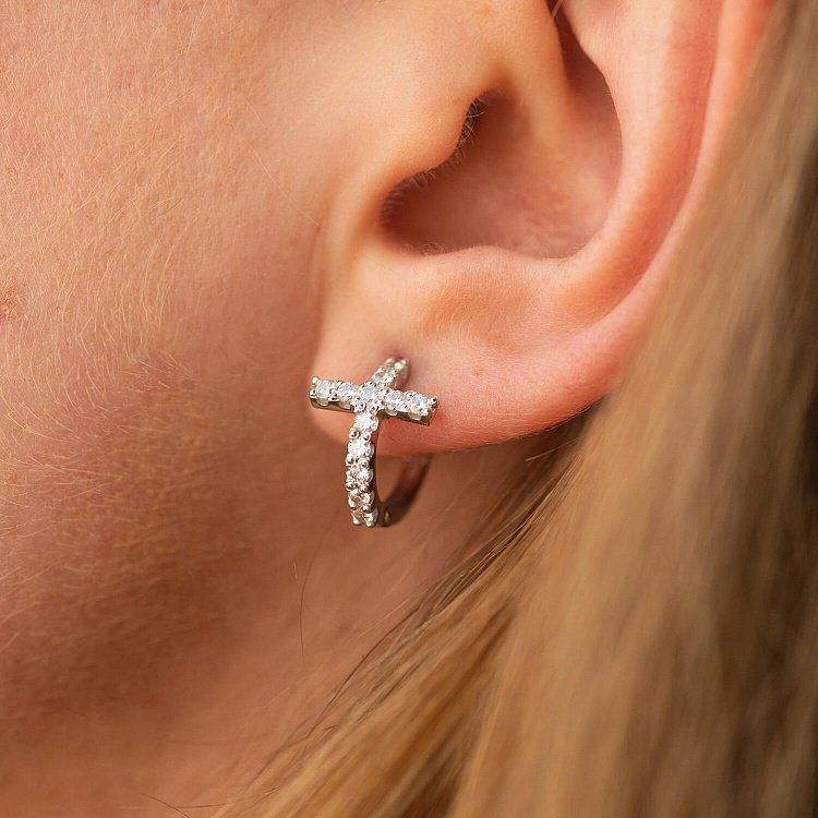 Серьги - кольца "Крестики" с фианитами (белое золото) с09092 от ювелирного магазина Оникс - 2