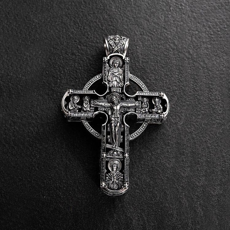 Серебряный крест "Иисус Христос со святыми. Спаси и Сохрани" (на укр. языке) с эбеновым деревом 1602 от ювелирного магазина Оникс