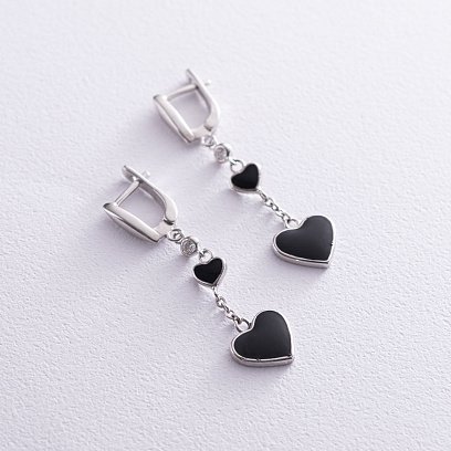 Серебряные серьги "Сердечки" (эмаль, фианиты) 122303ч