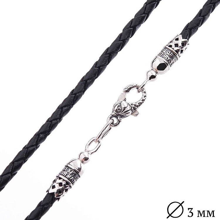 Шкіряний шнурок "Спаси і збережи" зі срібною застібкою "Рибка" (3 мм) 18154 від ювелірного магазину Онікс