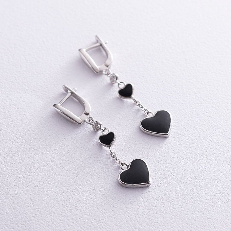 Серебряные серьги "Сердечки" (эмаль, фианиты) 122303ч от ювелирного магазина Оникс