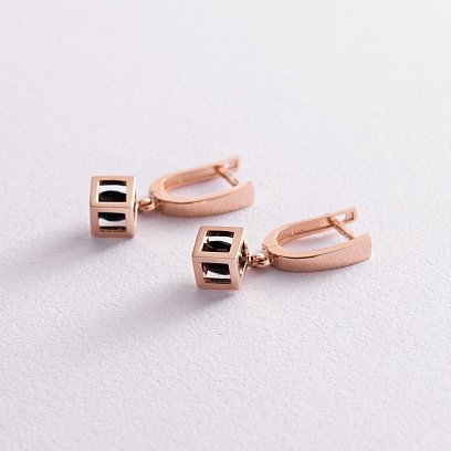 Золоті сережки "Кубики" з чорними фіанітами с07625 №5