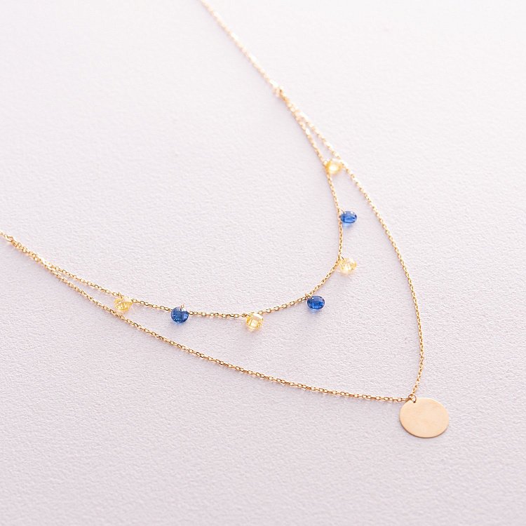 Подвійне золоте кольє "Українка" з монеткою (сині та жовті фіаніти) кол02325 від ювелірного магазину Онікс