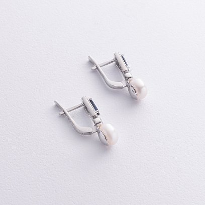 Серебряные серьги с жемчугом, гидротерм. сапфирами и фианитами 2488/1р-PWTNS №3