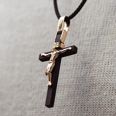 Мужской православный крест "Распятие" из эбенового дерева и золота п03916 №4