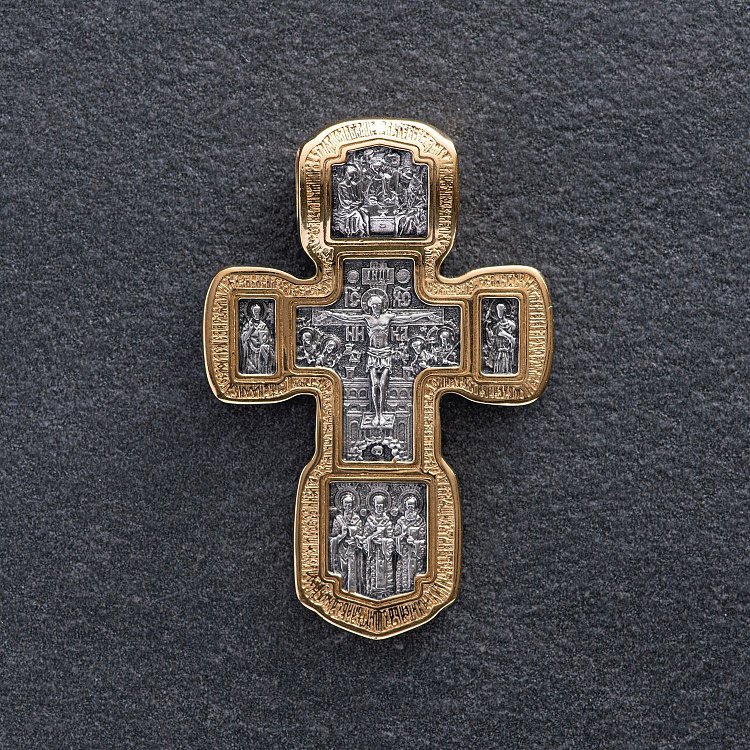 Серебряный крест "Распятие Христово.Святая Троица. Свт. Николай Чудотворец. Мч. Трифон. Три святителя. Икона Божией матери "Толгская". Ангел Хранитель. Прп. Сергий Радонежский. Свт. Спиридон Тримифунский" 132971 от ювелирного магазина Оникс - 4